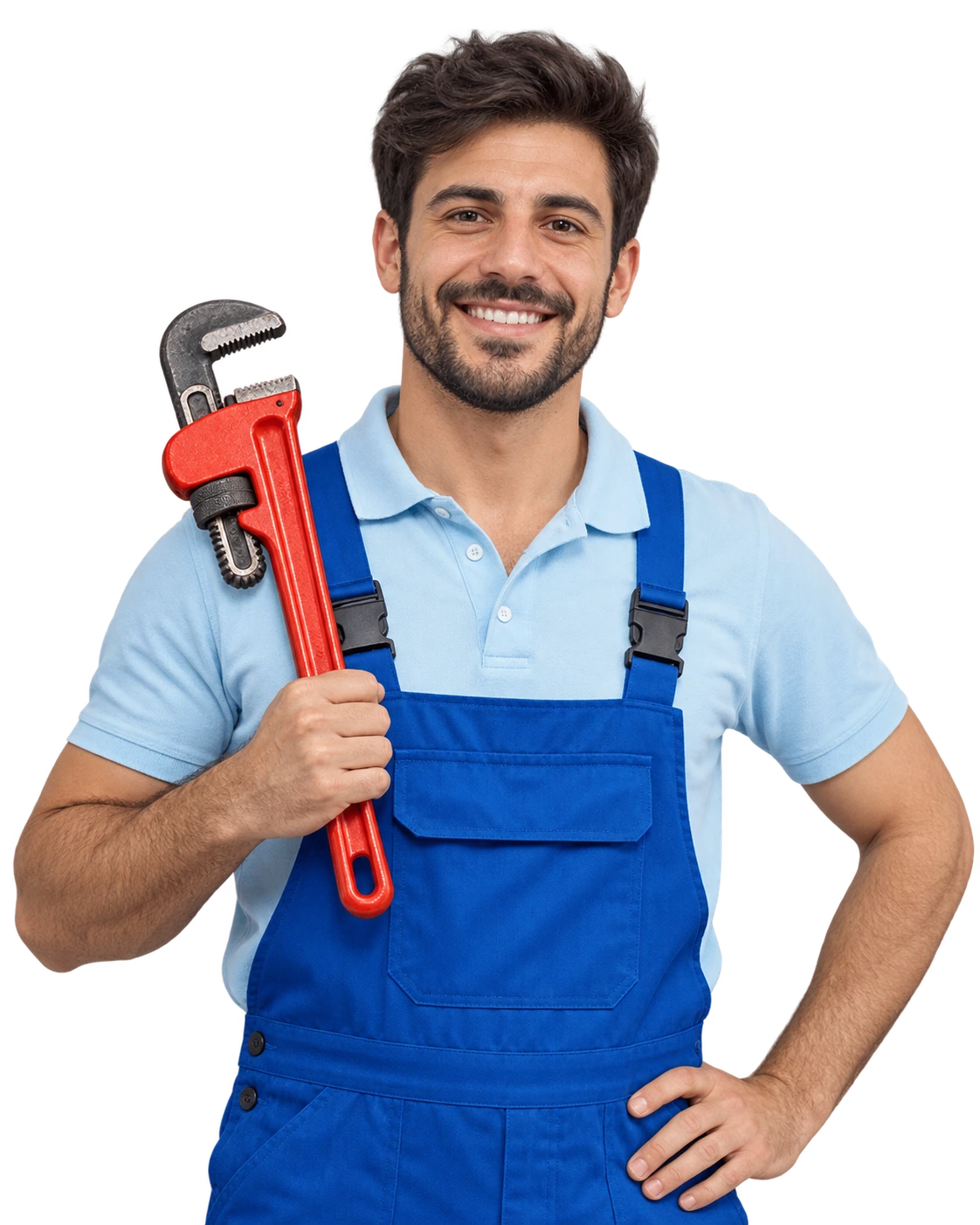 Professional plumber holding a large pipe wrench while wearing blue work overalls