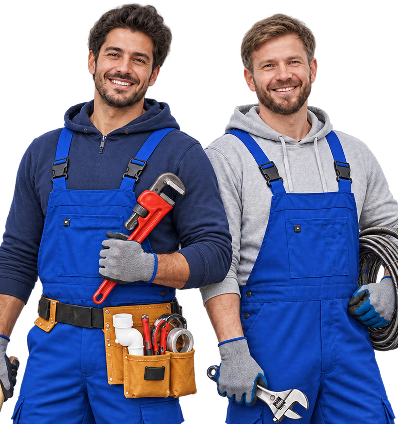 Two professional plumbers in blue workwear holding plumbing tools and drain cleaning equipment